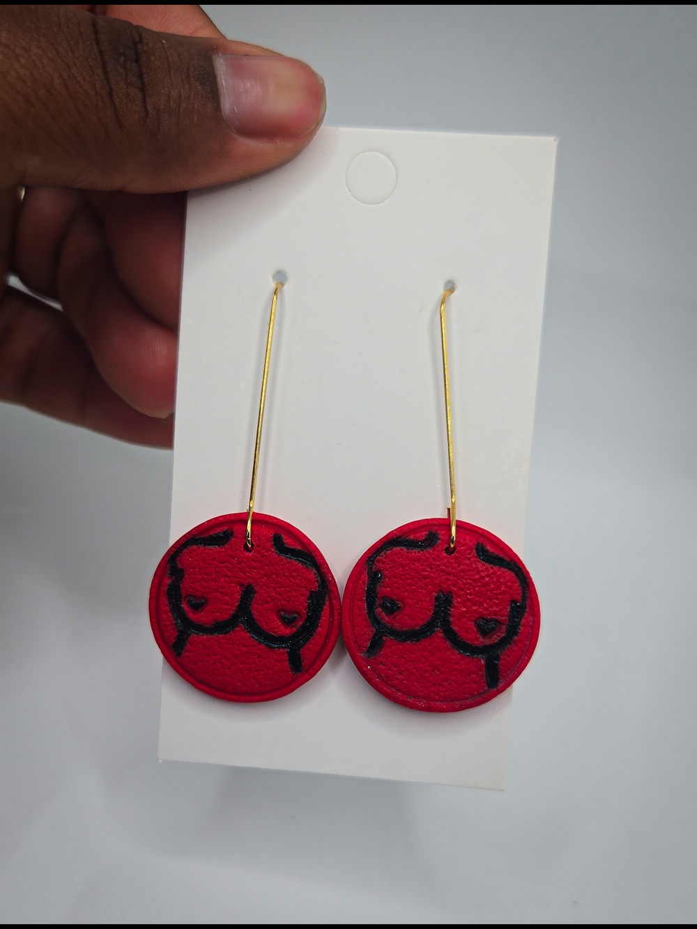 Red Circle Drop Earrings with Black‎ Embroidery